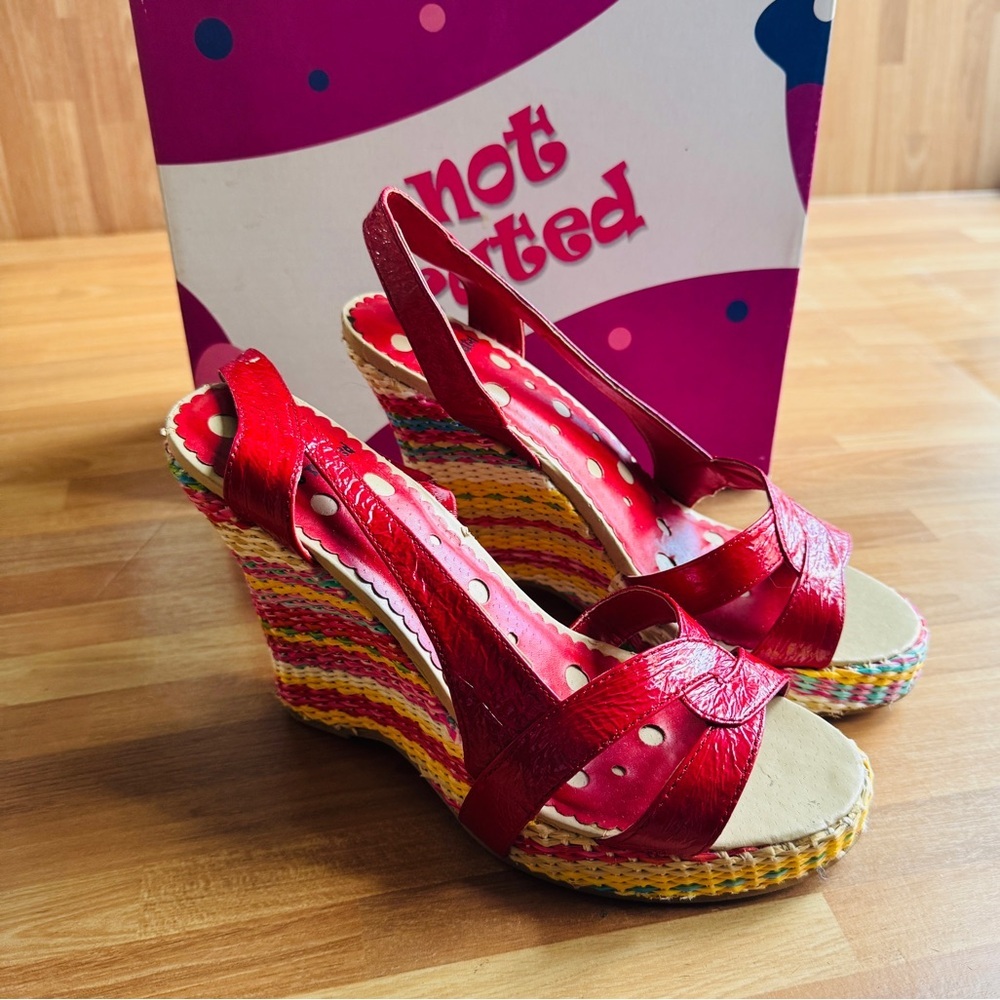 Not rated summer nights red striped wedge high heel sandals size 7.5